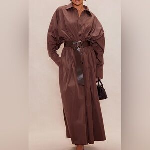 NWT. Brown Long Button-Front Trench Dress with Belt